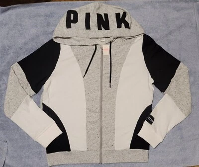 Victorias Secret ROSA Sudadera con Capucha Cremallera Completa Sudadera Bloques de Color Gris Negro Blanco M  Foto 1 de 4