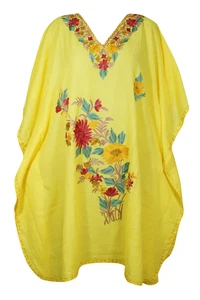 Sunflower Yellow Embroidery Caftan Resort Wear, Mid Length Cover up Dresses 2XL