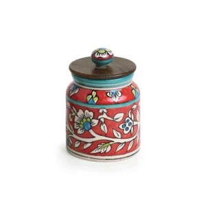 Exklusiv Lane Mughal Zylinderförmige Keramik Blumen Handbemalt Glas Holz Deckel - Bild 1 von 8