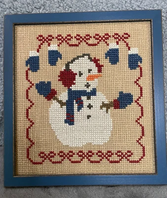 Mitones de muñeco de nieve de Navidad enmarcados punto de cruz guirnalda roja bronceado Bkg cosido a mano - Imagen 1 de 4