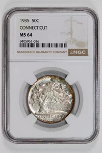1935 CONNECTICUT COMMEMORATIVE HALF DOLLAR NGC MS64 RAINBOW TONING! - Picture 1 of 2