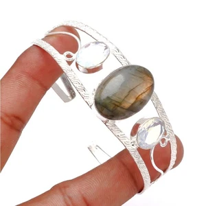 Labradorite Milky Opal Quartz Gemstone Cuff Bangle Bracelet 7 Z065 - Picture 1 of 4