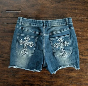ROMWE Denim Shorts L Embellished Cross Pockets US 8/10 - Picture 1 of 10