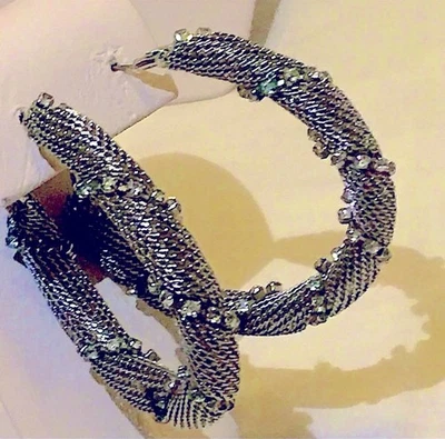 Guess Mesh Rhinestones Beads Round Hoop 2” Earrings Not Signed - Image 1 of 4