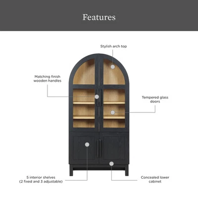 Wooden Rounded Arched Display Cabinet Glass Doors  Elegant Kitchen Storage Black - Image 1 of 4