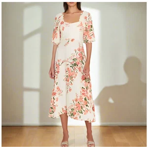 Faithfull The Brand Midikleid 10 Creme Rosa Blumen Kurz Puffärmel Bronte - Bild 1 von 11