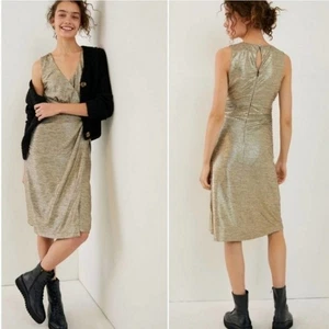 New Anthropologie Kari Metallic Gold Faux Wrap Midi Dress size Medium - Picture 1 of 7