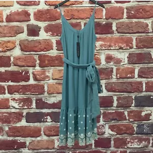 Secret Misson Anita Dress Womens XS Blue Boho Floral Eyelet Gauzy Tie Waist - Picture 1 of 9