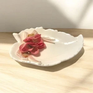 Leaf-Shaped Bone China Trinket Dish With Pink Floral Ribbon Accent Home (U6) - Picture 1 of 8