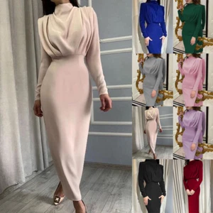 Womens High Neck Long Sleeve Maxi Dress Slim Fit Evening Party Cocktail Bodycon - Picture 1 of 23