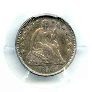 1858 Liberty Seduto Mezzo Dime, PCGS MS63 - Foto 1 di 3
