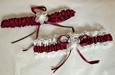 New Satin Wedding Garters Double Set - Burgundy Red & White with Organza Flowers