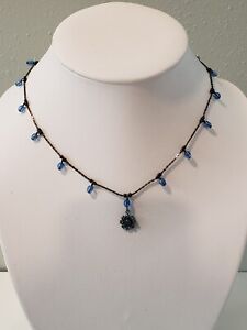 dabby reid Necklace Blue Crystal Flower, Black Metal 16"