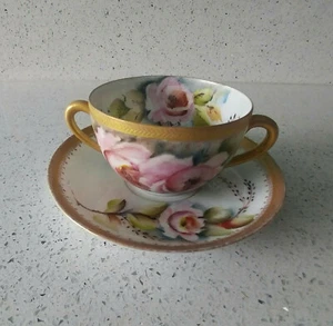 Antique Victoria Austria Boullion Cup & Saucer Rare Floral Roses 1904-1918 Stamp - Picture 1 of 8
