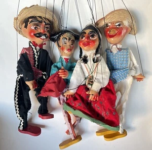 MARIONETTE Mexican STRING PUPPETS Vintage 1950-60s Folk ART Lot 4 Authentic Clay - Picture 1 of 12