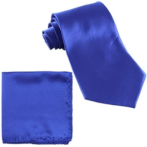 New Polyester Men's Neck Tie & Pocket Square Hankie Set Shiny Finish Royal Blue - Picture 1 of 3