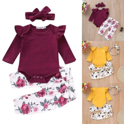 Newborn Baby Girl Romper Ruffle Bodysuit Pants Headband Clothes Outfits Set - Image 1 of 4