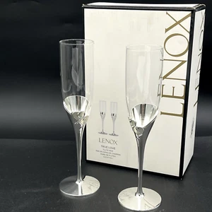 Lenox True Love Champagne Flutes Glasses Silver Plate Set of 2 NEW Open Box - Picture 1 of 15