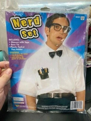 NEW NERD SET 3 pc. Halloween Costume Glasses w/ Tape, Bow Tie, & Pen Holder NIP - Image 1 of 2