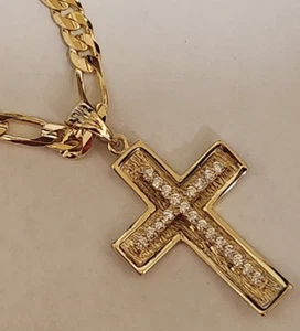 Herren Damen Gelbgold plattiert 24 Zoll 6 mm breit Figarokette & Quadrat CZ Kreuz Set - Bild 1 von 4