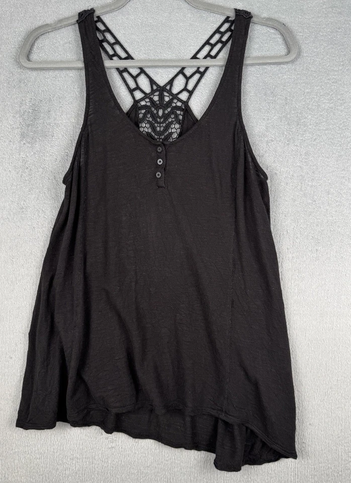 Camiseta sin mangas Aeropostale negra espalda cruzada ganchillo bohemio Henley fluida talla pequeña Foto 1 de 4