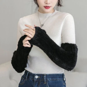 Women Real Mink Fur Glove Winter Long Fingerless Mittens Wrist Warm High Elastic - Picture 1 of 12