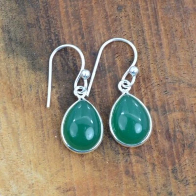 Orecchini Da Donna In Onice Verde Pera Fatti A Mano In Argento Sterling 925 - Immagine 1 di 4