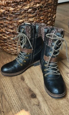 Patrizia Hiking Boots Side Zip Knit Cuff Vegan Leather Mid Calf Black Brown SZ 8 - Image 1 of 4