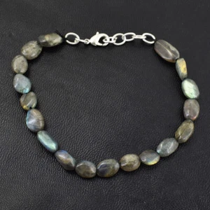 57.00 Cts Natural 6 Inches Long Labradorite Oval Shape Beads Bracelet JK 34E272 - Picture 1 of 2