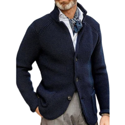  Men's Single Breasted Knit Cardigan Stand Collar Slim Fit Sweater Casual Jacket - Image 1 of 4