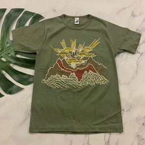 Rob Roy Vintage 70s Tee Kids 14 Womens XS Olive Green Puffy Paint Sunset Print - Picture 1 of 10