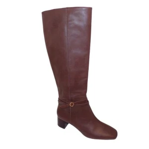 Tory Burch Squared Toe Mid Zip-Up-Perfect Brown Heeled Boot Gold Logo size 8 New - Picture 1 of 7
