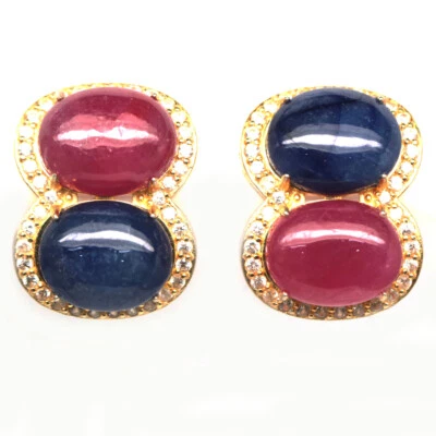 925 Sterlingsilber 12 x 15 Mm. Blauer Saphir, Rubin & Zirkonia Ohrringe - Bild 1 von 4