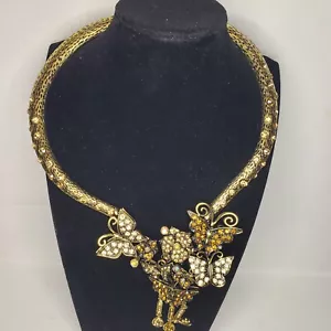 Open front collar necklace stunning gold butterflies amber rhinestones gold tone - Picture 1 of 6