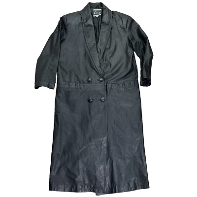Jaqueta trench coat vintage feminina G-III longa couro preto peito duplo - Imagem 1 de 4