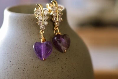 Amethyst Heart Earrings Minimalistic earrings Valentins earrings gifted - Image 1 of 4