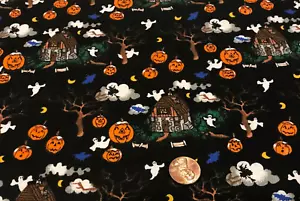 Haunted House* Pumpkins* Ghosts* Witches * on Black 8 100 % Cotton * 22" x 8" * - Picture 1 of 1