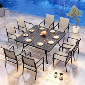 9-Piece Black Metal Patio Dining Set – XL Square Slat Table, Textilene Chairs - Picture 1 of 12