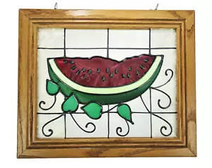 Watermelon Stained Glass Leaded Oak Wood Frame Suncatcher Picture Hanging Decor - Picture 1 of 6