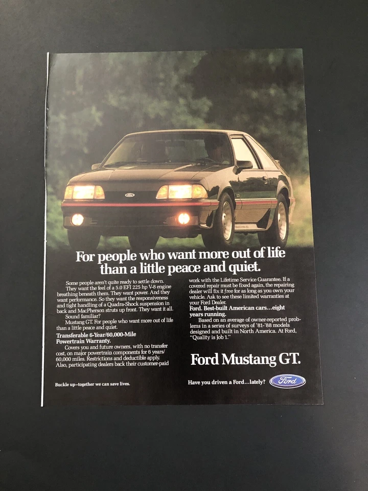 1989 FORD MUSTANG GT ORIGINAL VINTAGE PRINT AD ADVERTISEMENT PRINTED - Image 1 of 1