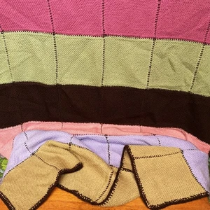 Vintage Knitted Patchwork Stripy Purple Retro 80's Blanket Single Bedspread - Picture 1 of 7