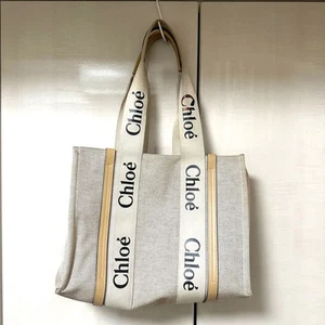 Auth Chloe Woody Medium Tote Bag Hand Bag Beige × White Canvas Calfskin Used F/S - Picture 1 of 12