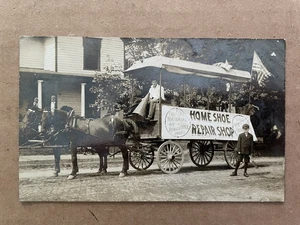 Vintage RPPC Home Shoe Repair Shop Horse Wagon Men Boys Megahorn US Flag - Picture 1 of 3