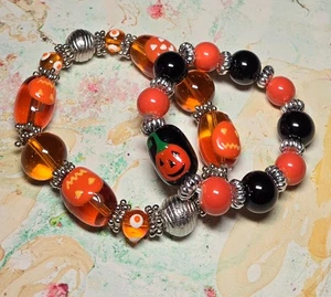 Pumpkin Bracelet Orange Halloween Beaded Stretch Bracelet Ear for Mommy and me 2 - Picture 1 of 11