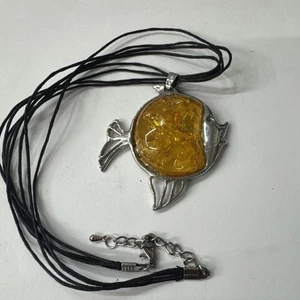 FISH PENDANT leather? Necklace.Amber Pendant Necklace.Amber stone Pendant 18kgp - Picture 1 of 7