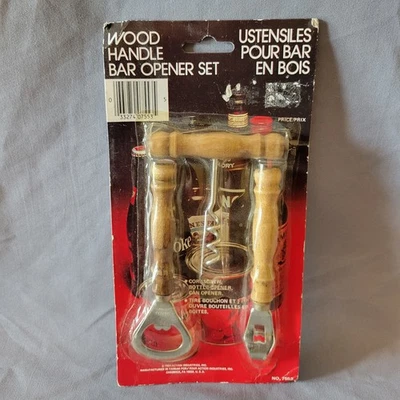 Vintage Action Wood Handle 3 pc Bar Opener Set Corkscrew Can Bottle - Image 1 of 2