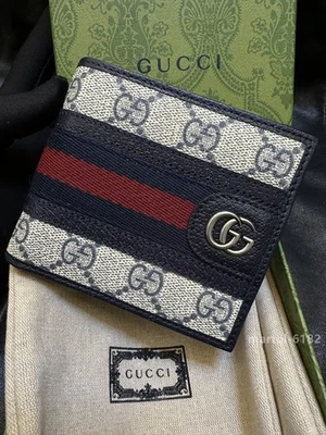 Gucci GG Leather Men's Bifold Wallet Coin Pouch - Navy/Red - Image 1 of 4