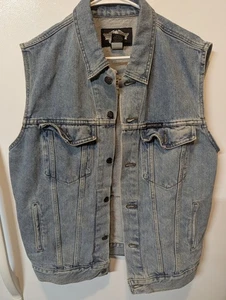 Vintage Harley Davidson Men's Biker Denim Vest Honor Armed Forces Emblem Size M - Picture 1 of 17