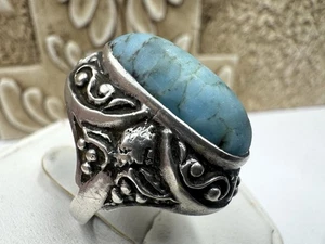 Antique Filigree 950 Sterling Silver Oval AZ Turquoise Stone Sz 7.75 - Picture 1 of 8