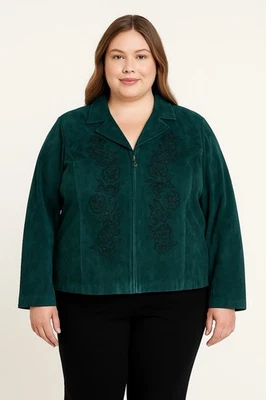 Nolan Miller Green Suede Leather Jacket Plus Size 3XL Y2K Vintage Artsy Beaded - Image 1 of 4